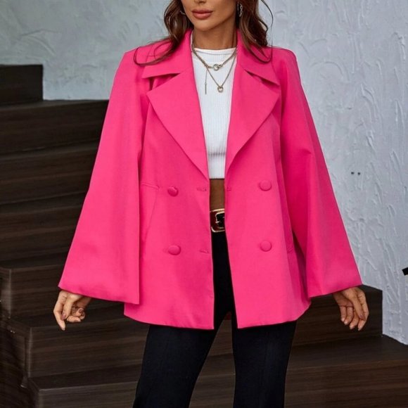Chic Pink Cloak Sleeve Double Breasted Cape Blazer business - Picture 3 of 6